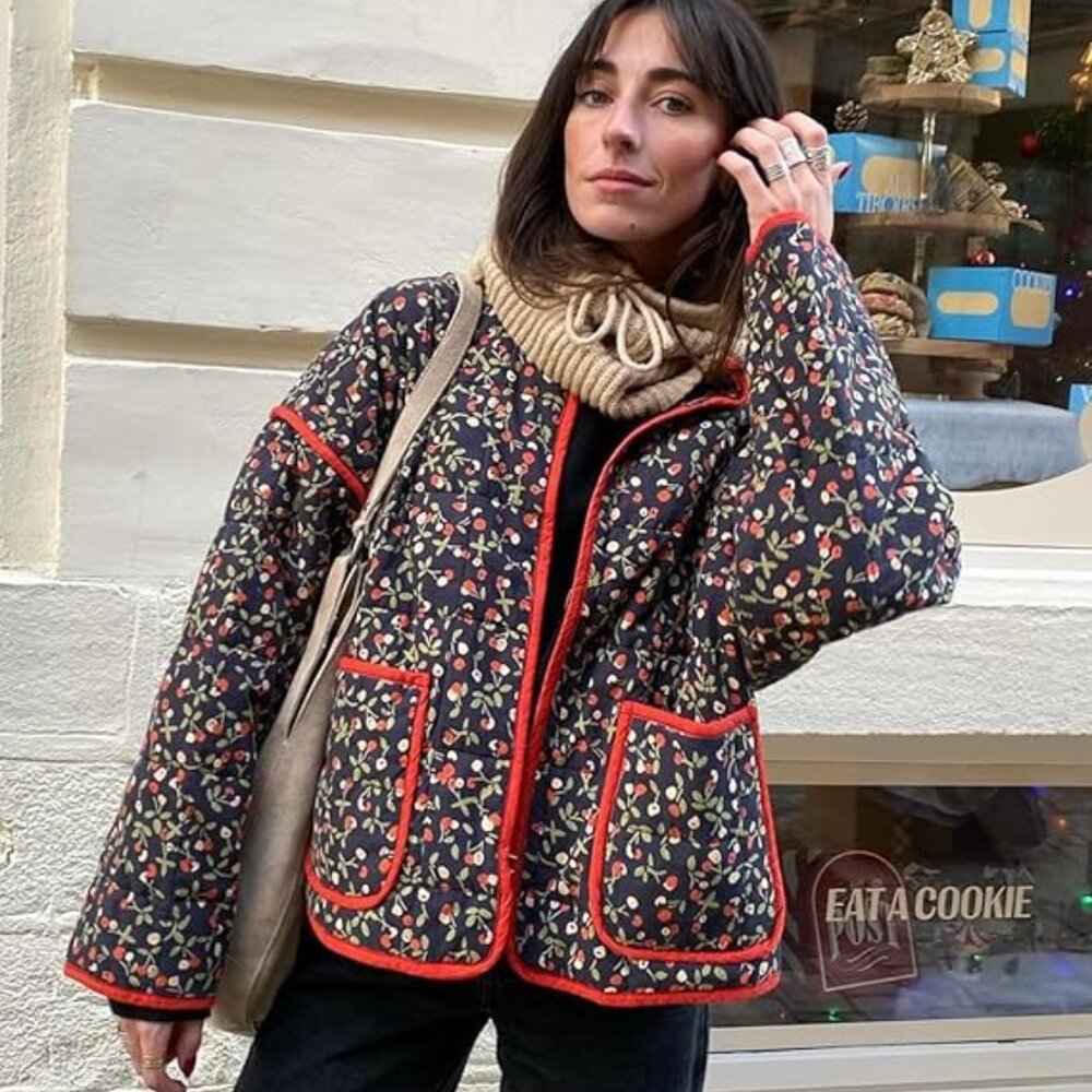 NEW! Women's Cropped Puffer Quilted Jacket Vintage Floral Print-Black